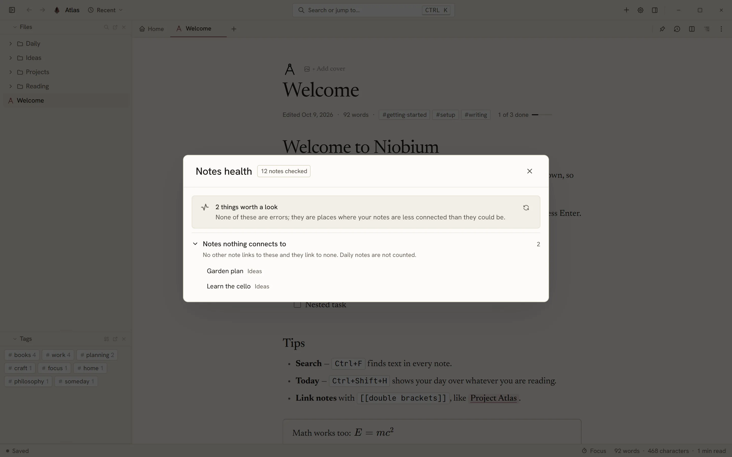 The Notes health view